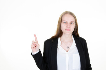 Business woman is pointing with his hand finger side on white background