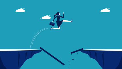 Survive the business crisis. Business Woman jumping over a broken bridge. business concept vector illustration