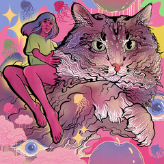 fantastic psychedelic cat and girl  - 506999639