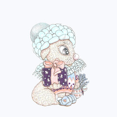 Fox with Christmas gifts. Cartoon animal in a warm hat and sweater. Isolated color illustration on white background