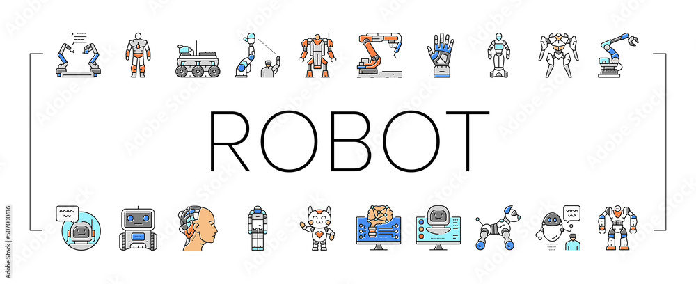 Poster robot development and industry icons set vector