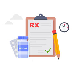 RX medical report prescription drug. Doctors and pills illustration. - obrazy, fototapety, plakaty
