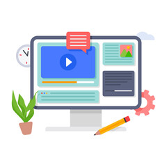 Online video distance training, streaming, webinar, conference videos illustration.