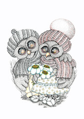Owls in love, hand drawn. Isolated color illustration on white background