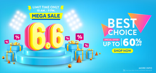 Vector of 6.6 Shopping day Poster or banner with 66 over on blue product podium scene.6 June sales banner template design for social media and website.Special Offer Sale 60% Off campaign or promotion.