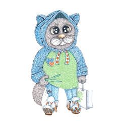 Gray cartoon cat. A hand-drawn cat in a tracksuit goes to the store with a bag