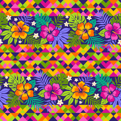 Colorful hibiscus and tropical leaf seamless pattern with triangle background.