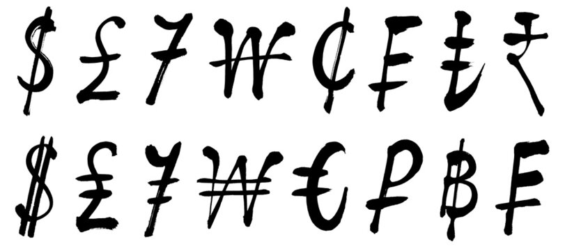 Handwritten brush letters, currency symbols
calligraphy
black