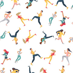 Seamless pattern with running people. Sports wallpaper with athletes. Run, race. Vector illustration