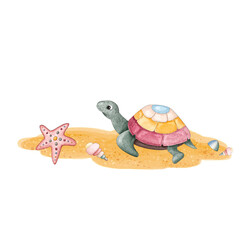 A cute cartoon sea turtle crawled out onto the sandy shore of the beach and lies surrounded by shells and a starfish. Digital illustration in the style of colored pencils and watercolor