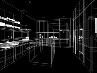 abstract sketch design of kitchen room ,3d rendering
