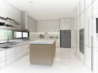 abstract sketch design of kitchen room ,3d rendering