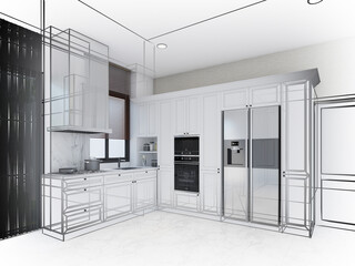 abstract sketch design of kitchen room ,3d rendering