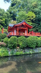 The beautiful pagoda pavilion of Japanese shrine, “Nezu Shrine” downtown Tokyo year 2022 on a...