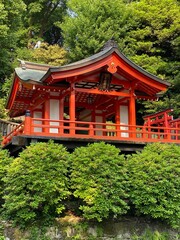 The beautiful pagoda pavilion of Japanese shrine, “Nezu Shrine” downtown Tokyo year 2022 on a sunny day May 20th