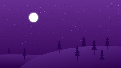 night landscape cartoon scene. silhouette tree on dark hill with full moon and star in the sky
