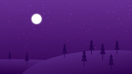 Naklejka premium night landscape cartoon scene. silhouette tree on dark hill with full moon and star in the sky 