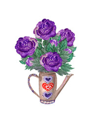 Watercolor illustration of a huge, bouquet of purple, lilac roses in a decorative watering can, holiday, flowers. 
