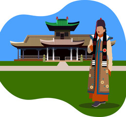 illustration on the theme of the country of Mongolia. A girl in a traditional Mongolian dress against the backdrop of the ancient Palace of the Bogd Gegen. Vector illustration