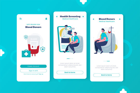 Blood donation app on onboard screen template for medical care concept
