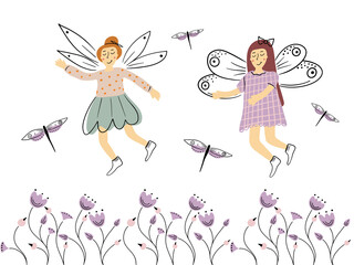 Set of cute hand-drawn Spring flowers. Many bright and beautiful flowers. Vector illustration.