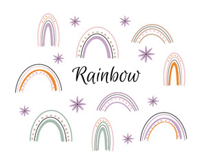 Vector hand drawn collection for nursery decoration with cute rainbows pastel color. Doodle illustration.
