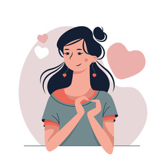 Cute cartoon young woman makes heart by hands. Vector illustration.