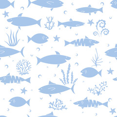 Blue funny print with fish, stars and seaweed. Print for fabric and wrapping paper.