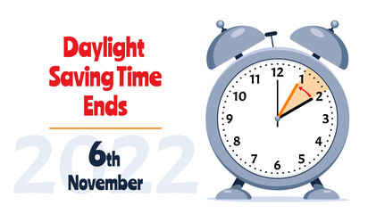 Banner of Daylight Saving Time Ends November 6, 2022. Alarm Clock Set To Clock Back One Hour. WinterTime, Fall Back.