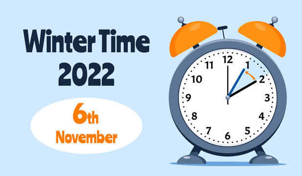 Banner of Daylight Saving Time Ends November 6, 2022. Alarm Clock Set To Clock Back One Hour. WinterTime, Fall Back.