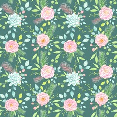 Fototapeta na wymiar Seamless pattern with flowers ,green leaves, watercolor illustration. Floral seamless pattern for textile, print, wallpaper.