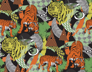 Tiger and multicolor background. Seamless abstract pattern. Fashion textiles, fabric, packaging.