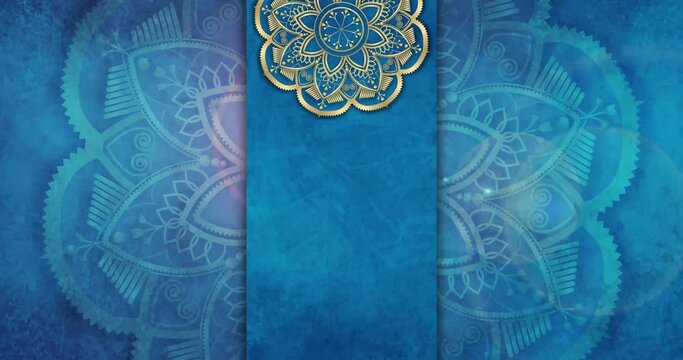 Gold and blue paper mandala ornament background looping smoothly, arabic islamic style for any purpose. Abstract digital gold color mandala footage. Floral vintage decorative element's oriental