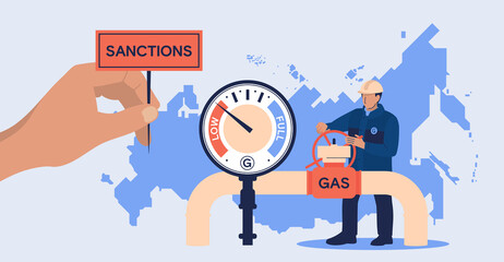 Gas supplies from Russia. Sanctions. A male worker turns a valve on a gas pipeline. Map of Russia. Vector image.	
