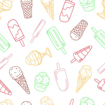 Seamless ice cream doodle pattern. Ice cream in a waffle cone and on a stick, fruit ice. Vector image in flat style