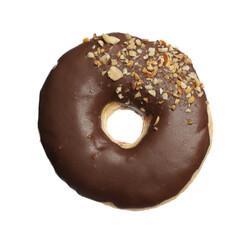 Sweet tasty glazed donut decorated with nuts isolated on white