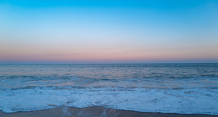 Panorama on sea. Beautiful ocean seascape, sea wallpaper. Calm coastline, waves water.