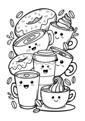 Cute Hand Drawing Coffee Cups with Donuts in Doodle style. Coloring page.