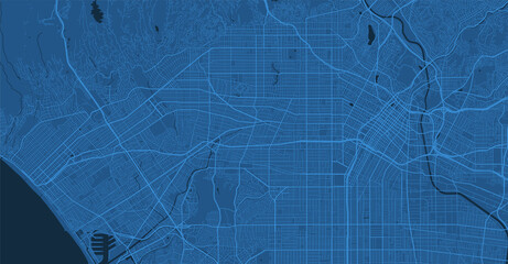 Dark blue Los Angeles City area vector background map, streets and water cartography illustration.