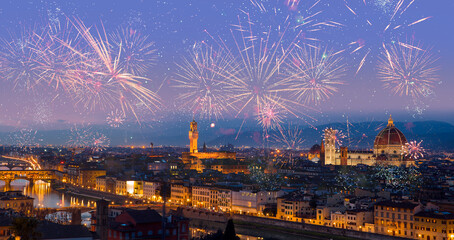 Florence, Ponte Vecchio, Florence Palazzo Vecchio and Florence Duomo with fireworks at dusk - Florence, Italy - Powered by Adobe