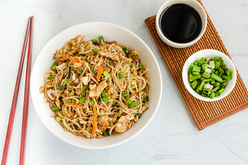 Chicken Chow Mein with Soy Sauce and Scallion Top Down Photo