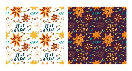 Two seamless pattern with anise stars. Hand written for label, postcards, packaging, advertising. Vector illustration.