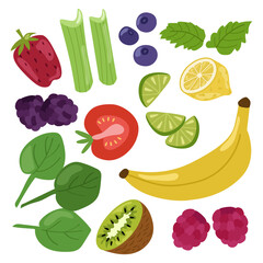Fresh fruits, berries and herbs, a bright colorful summer set. Vector illustration of strawberries, spinach, blackberries, raspberries, lemon, lime, celery, ice, mint, tomato, blueberries.