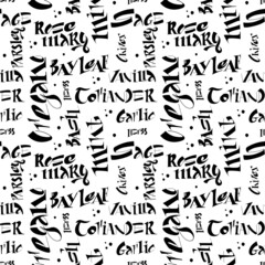 Seamless pattern of handwritten lettering with names of herbs. Hand written for label, postcards, packaging, advertising. Vector illustration.