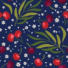 Fototapeta na wymiar Lovely cherry pattern. Cute cartoon cherry tree and little flowers on the background. Hand-drawn vector pattern for textile, print, and wallpapers. Cute illustration for children.