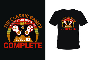 Old players never 1985 level 01 complete, Next level unlocked gaming t-shirt design,  Vector graphic, typographic poster, vintage, bundle t-shirt, label, badge, logo, icon or t-shirt