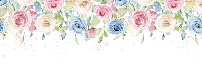 Banner with watercolor flowers with place for text, frame, border. Perfectly for social media, blog, other web design and printing, sublimation.
