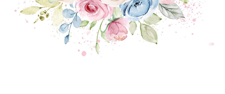 Banner with watercolor flowers with place for text, frame, border. Perfectly for social media, blog, other web design and printing, sublimation.