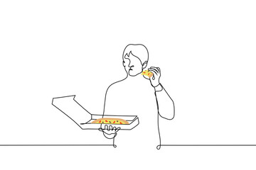 man stands with a box of pizza and eats a piece - one line drawing vector. concept eating pizza alone, pizza for one