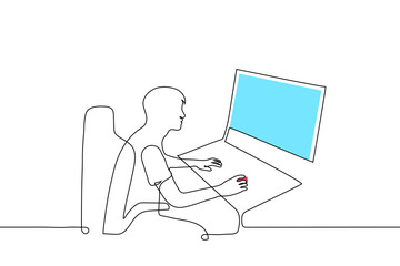 man sitting at vintage computer one line drawing vector. concept game for slot machine, old vintage gaming gadget